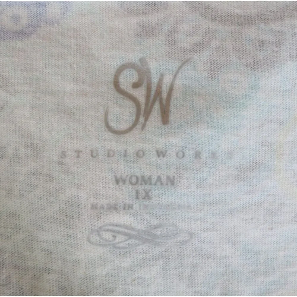 Studio Works Short Sleeve Shirt Womens Sz 1X White Blue Floral Cotton V-Neck NEW - Picture 7 of 8